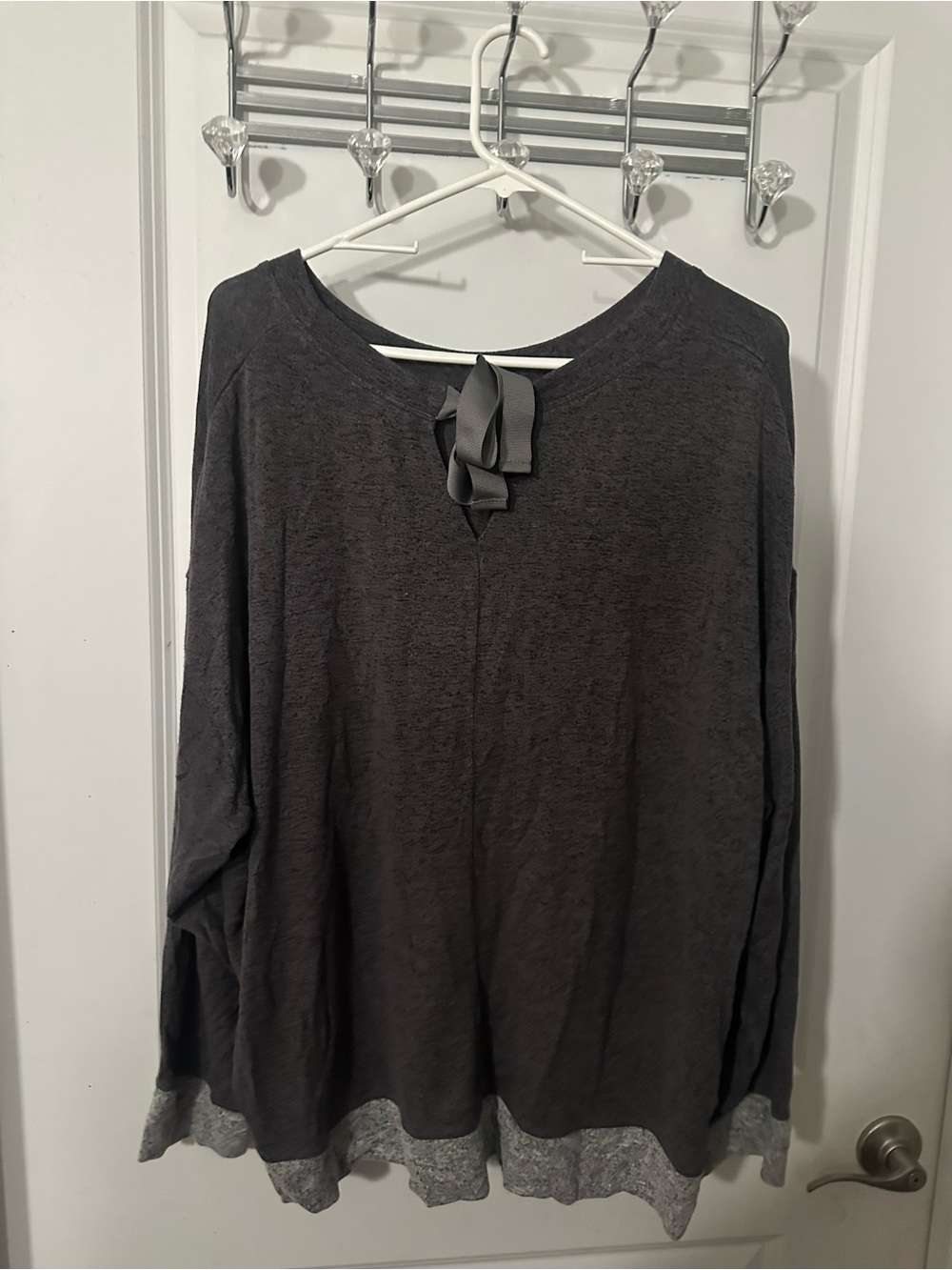Cacique Charcoal Gray Long-Sleeve Top with Ribbon Neck Detail